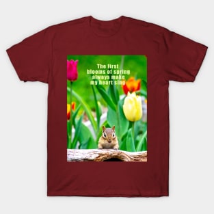 Chipmunk in a spring bed of tulips T-Shirt